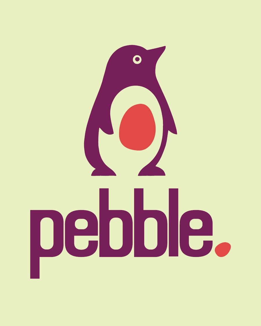 Penguin mascot above the pebble wordmark