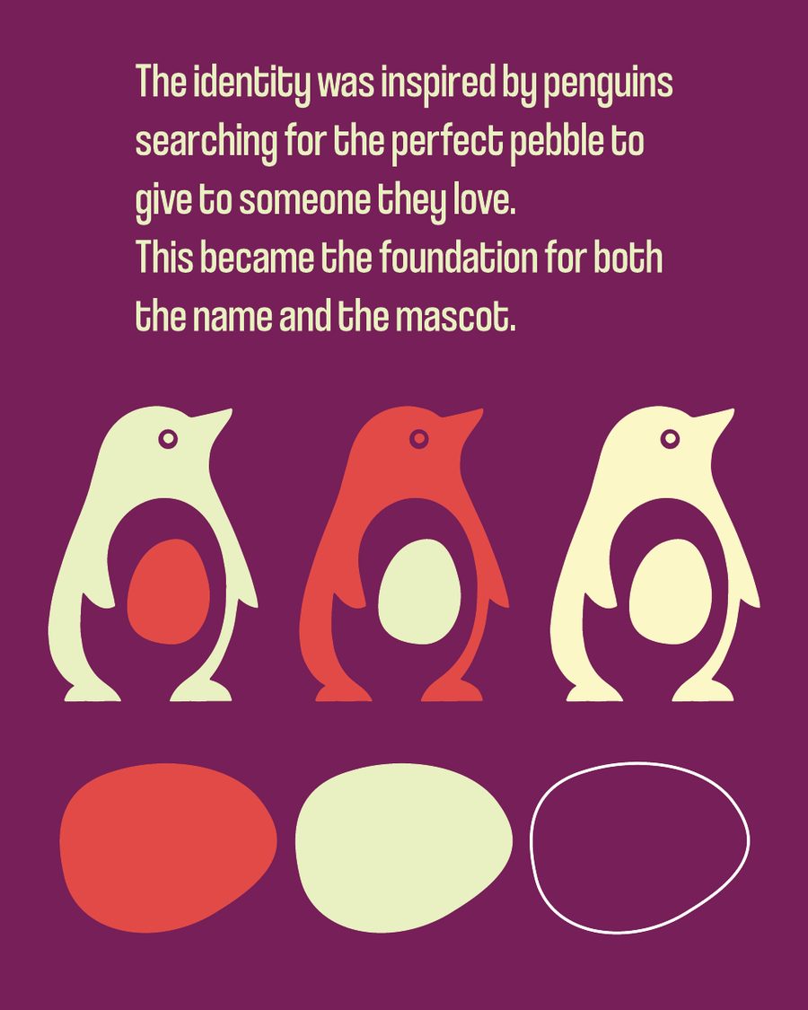 Three penguins and pebbles